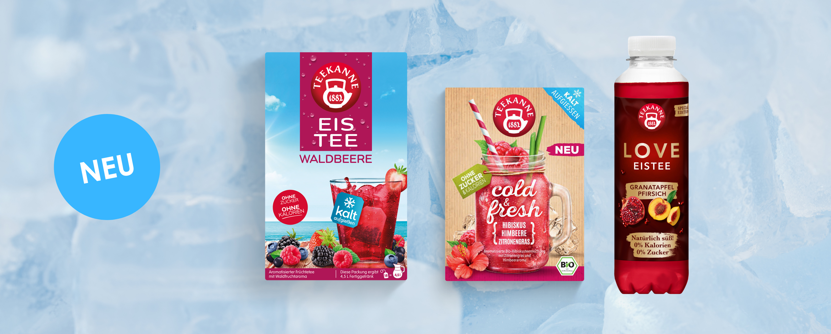 Produktübersicht der Kategorie Neuheiten und Bestseller. Abbildungen von Produktpackungen, Eistee Waldbeere, cold & fresh Bio-Eistee Himbeere-Hibiskus-Zitronengras, Eistee in der 0,5l Flasche LOVE Edition Granatapfel-Pfirsich