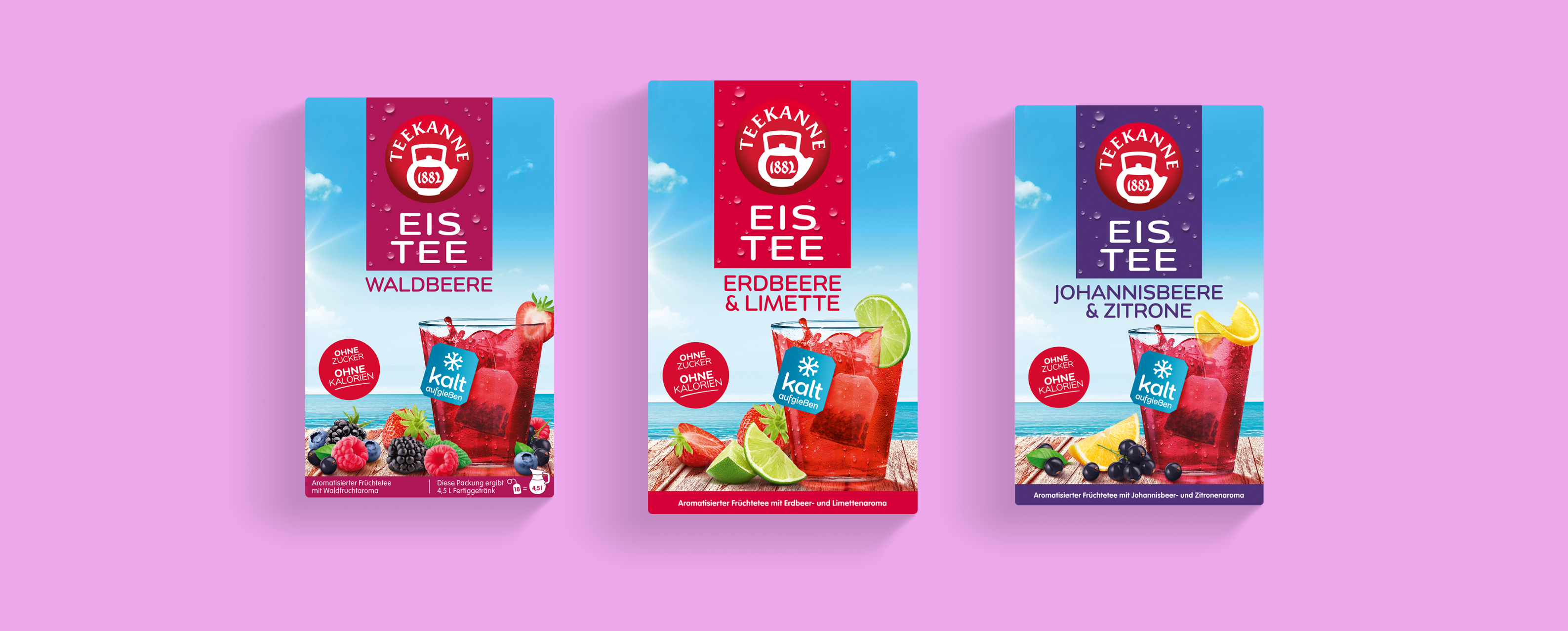Abbildung Sortimenteübersicht Kateforie Eistee im Beutel. Produktabbildungen Eistee Waldbeere, Eistee Erdbeere-Limette, Eistee Johannisbeere-Zitrone