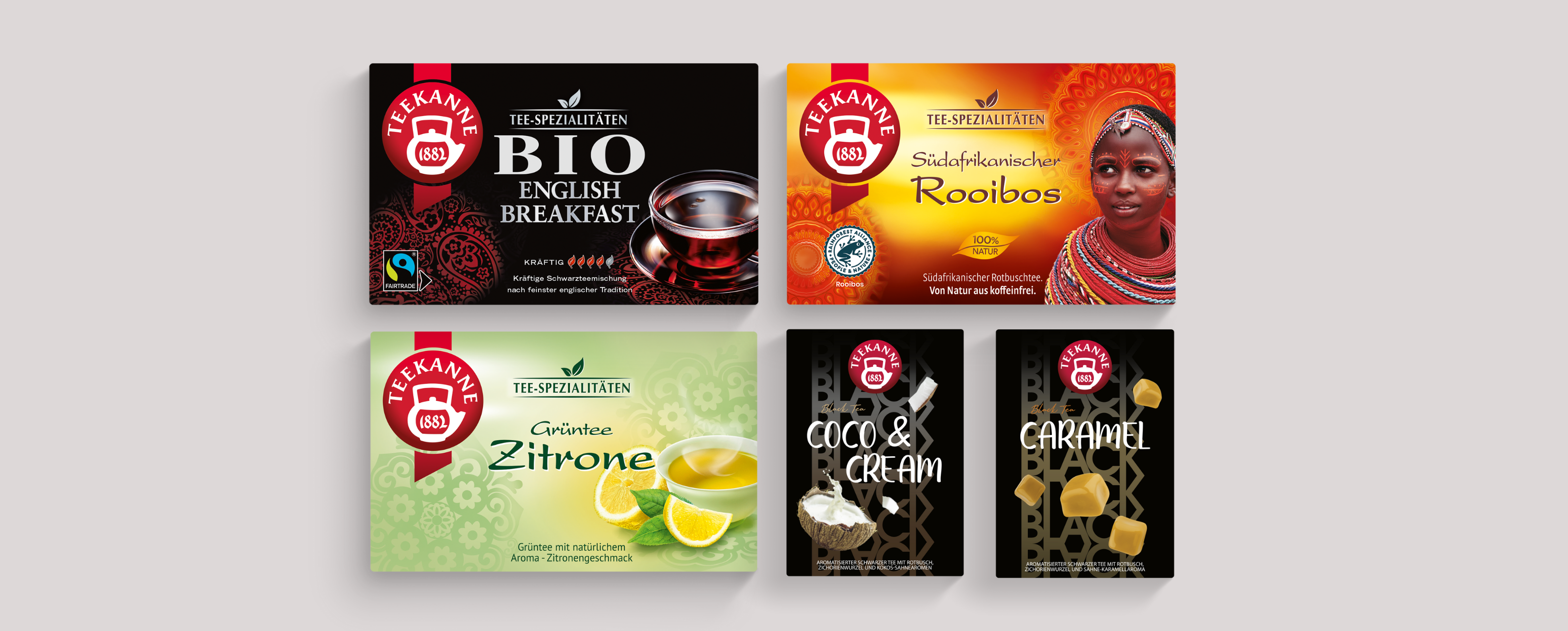 Produktübersicht der Kategorie Teespezialitäten, Abbildungen von Packungen, Grüntee Zitrone, Bio English Breakfast, Rooibos, Schwarztee Coco & Cream, Schwarztee Caramel