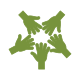 Grünes Symbol mit fünf überlappenden Händen, die einen Kreis bilden und Einheit und Teamwork symbolisieren.
