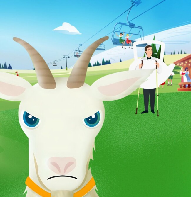 Eine Cartoon-Ziege mit blauen Augen steht da, während die Leute mit dem Skilift fahren und sich in der Nähe eines Chalets am Hang versammeln.