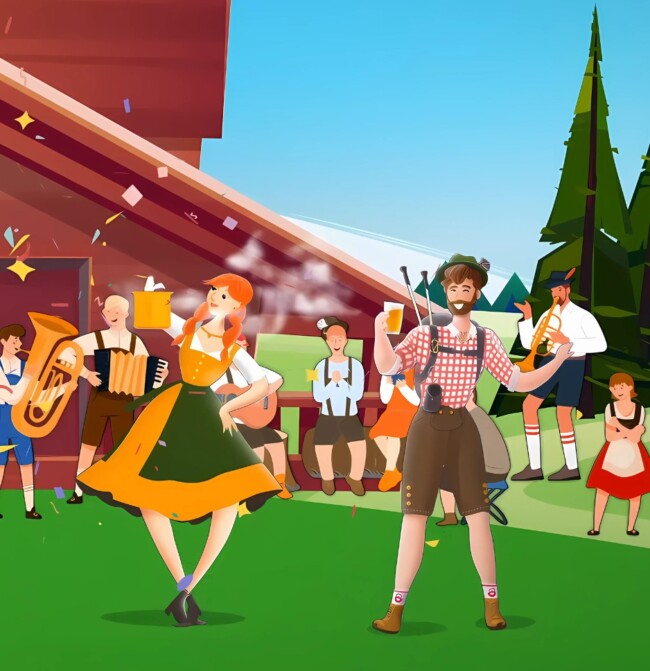 Menschen in bayerischer Kleidung feiern im Freien mit Tanz, Bier, Würstchen, Musik, Konfetti und Bäumen.