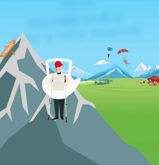 Ein Bergsteiger mit Checkliste steht auf einem Berg mit der Aufschrift LIMITS und überblickt Felder, Fallschirmspringer und Menschen an einer Hütte.