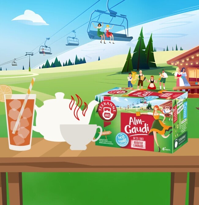 Almszene mit Skiliften, Holzhütte und einem Tisch mit Teekanne Alm-Gaudi-Tee und Getränken.
