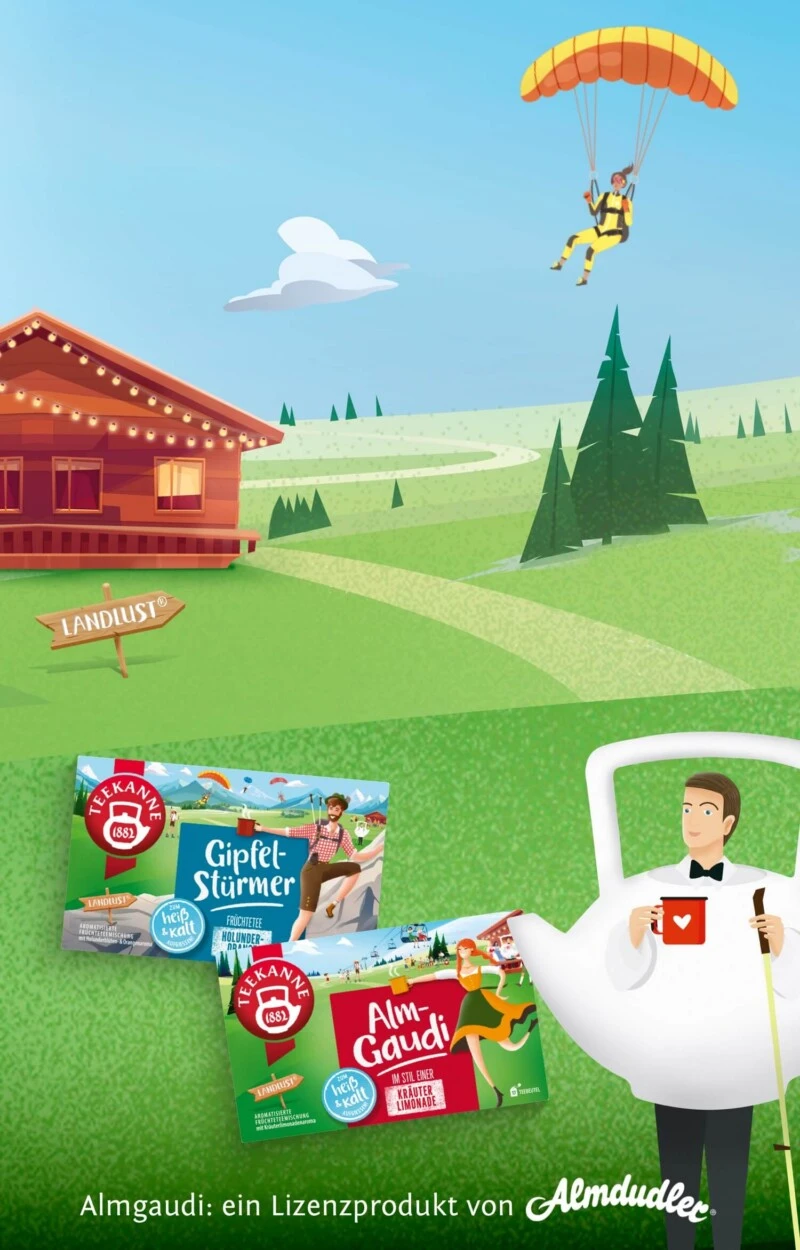 Cartoon mit Berghütte, Murmeltier, Mann mit Teekanne und Becher, Teedosen mit der Aufschrift Gipfel Stürmer und Alm Gaudi.