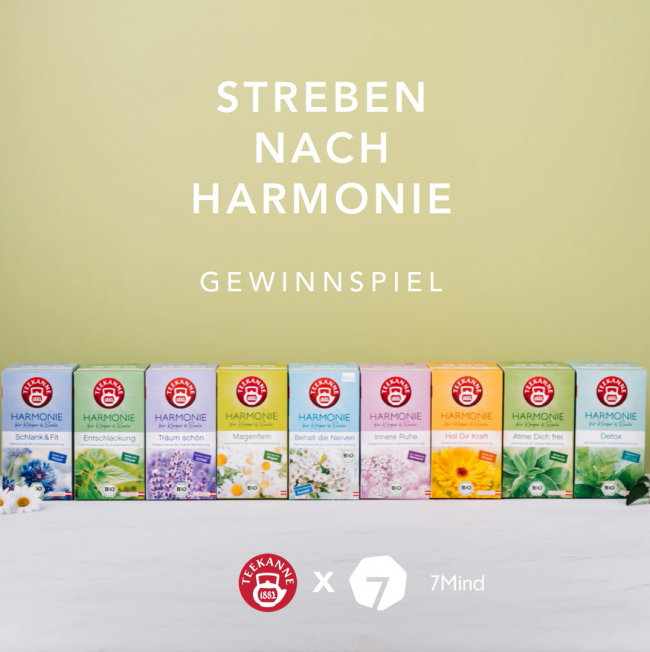 Teekanne Harmonie-Teeboxen mit dem Text „Streben nach Harmonie Gewinnspiel“ und Markenlogos.